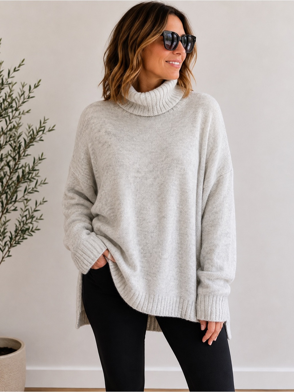 Lord & Taylor Woman 1X Oversized Turtleneck Sweater Heather Gray High Low